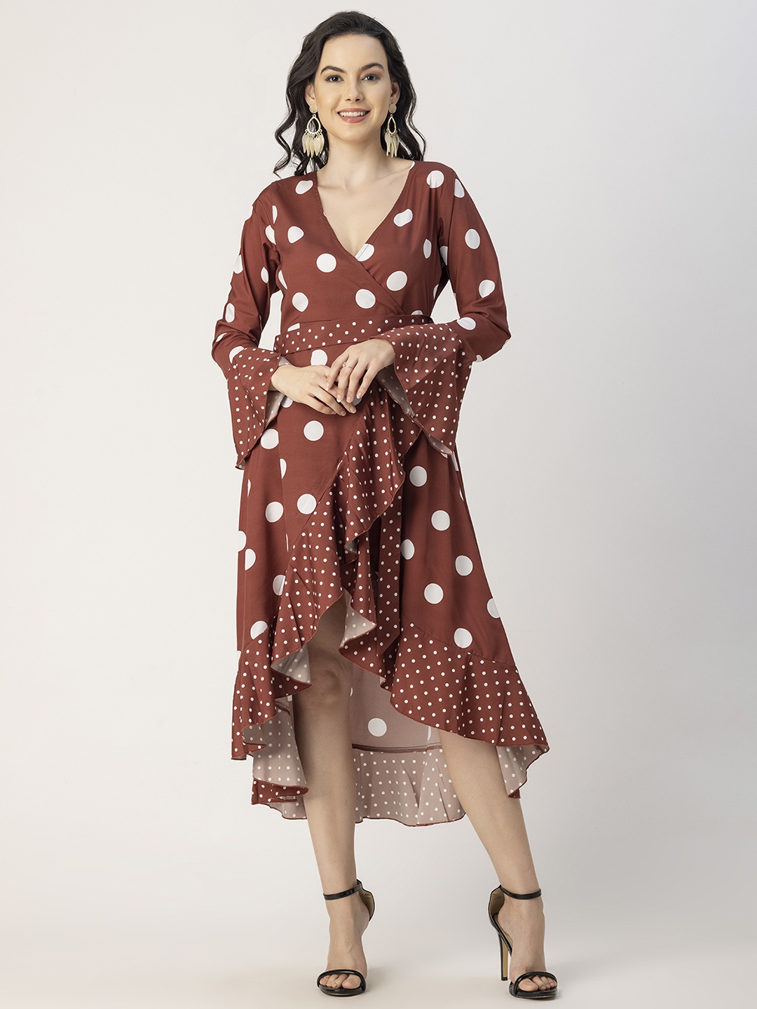 

Moomaya Polka Dot Printed V Neck Wrap Midi Dress, Brown