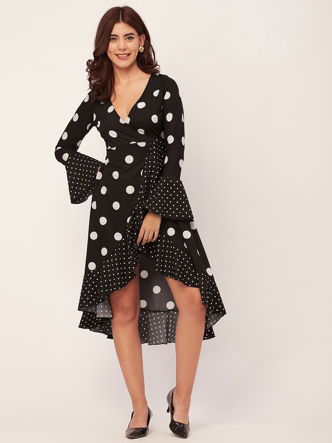 

Moomaya Polka Dot Printed Long Flared Sleeves Wrap Dress, Black