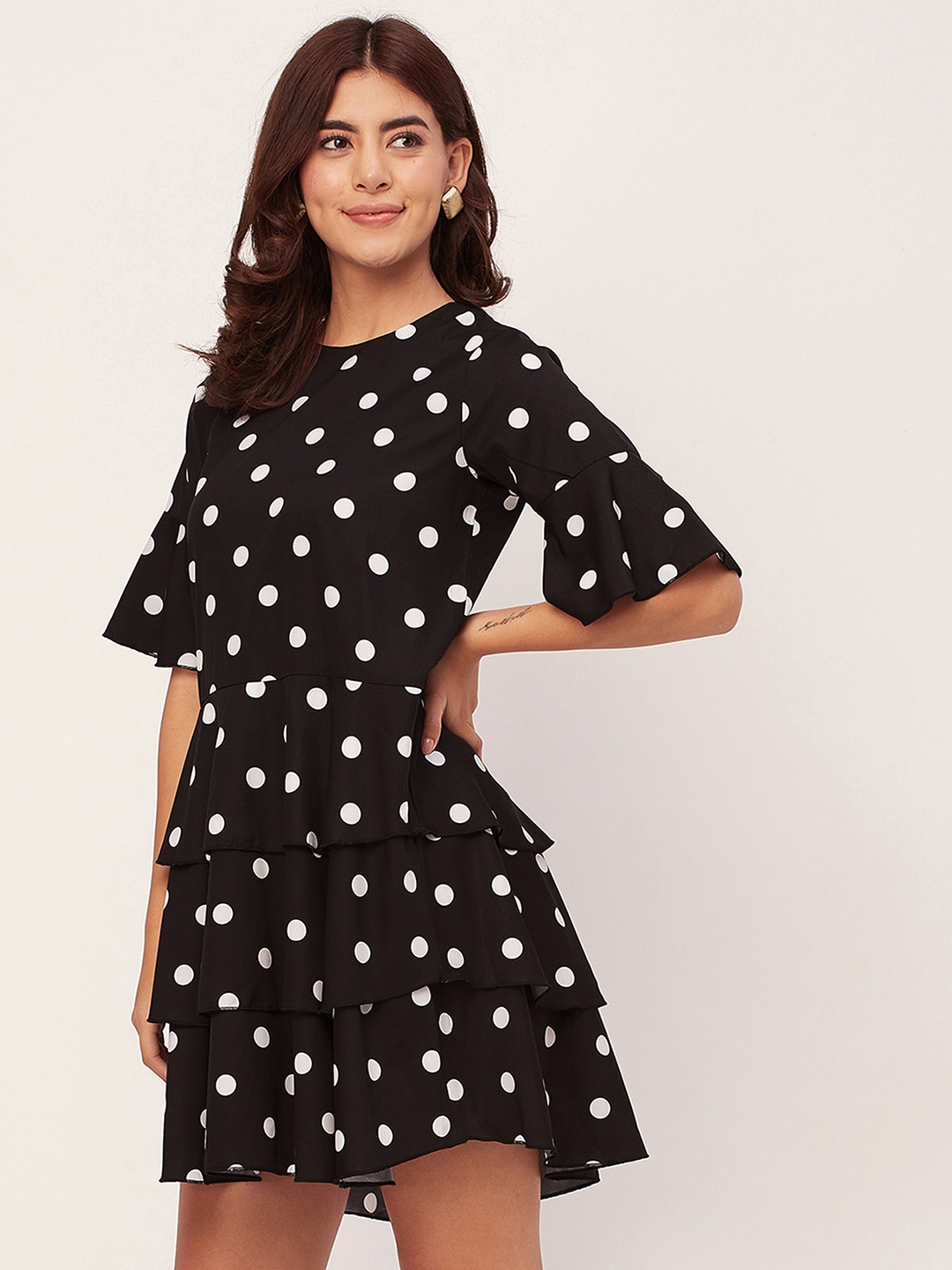 

Moomaya Polka Dot Print Bell Sleeve Drop Waist Dress, Black