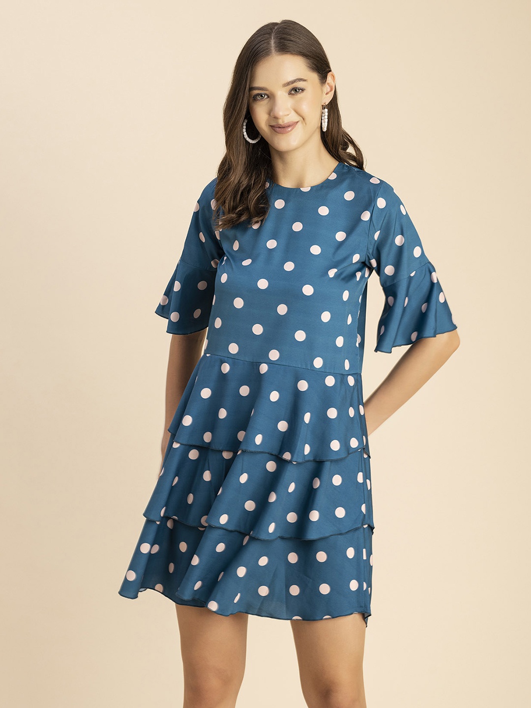 

Moomaya Round Neck Polka Dot Printed Fit And Flare Dress, Teal