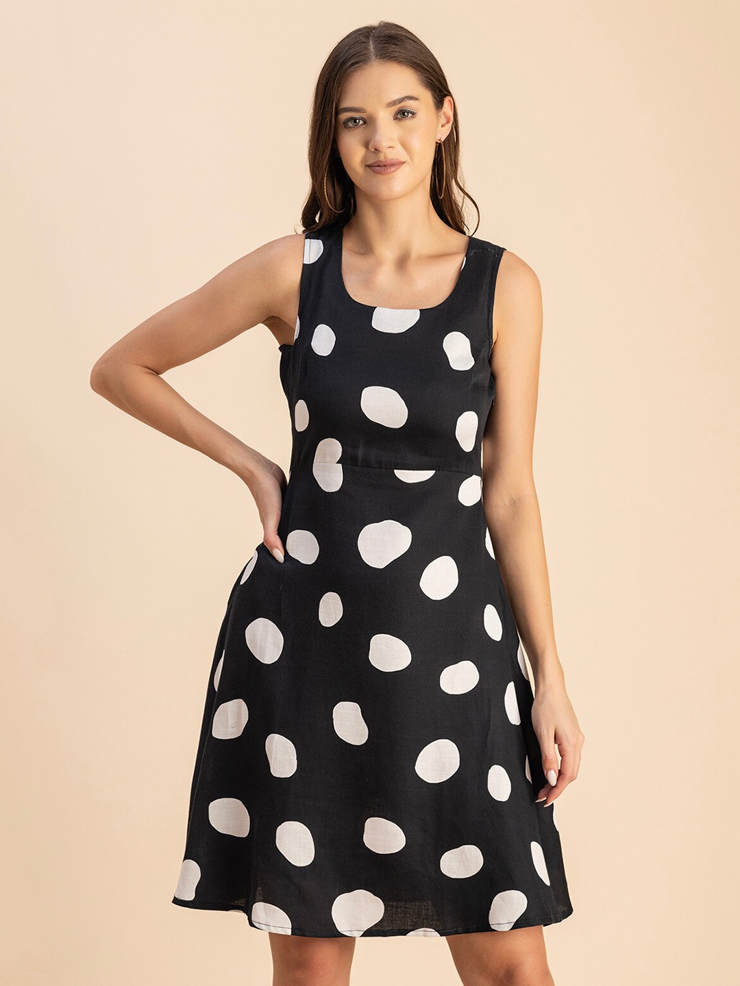 

Moomaya Polka Dot Print Satin Fit & Flare Dress, Black