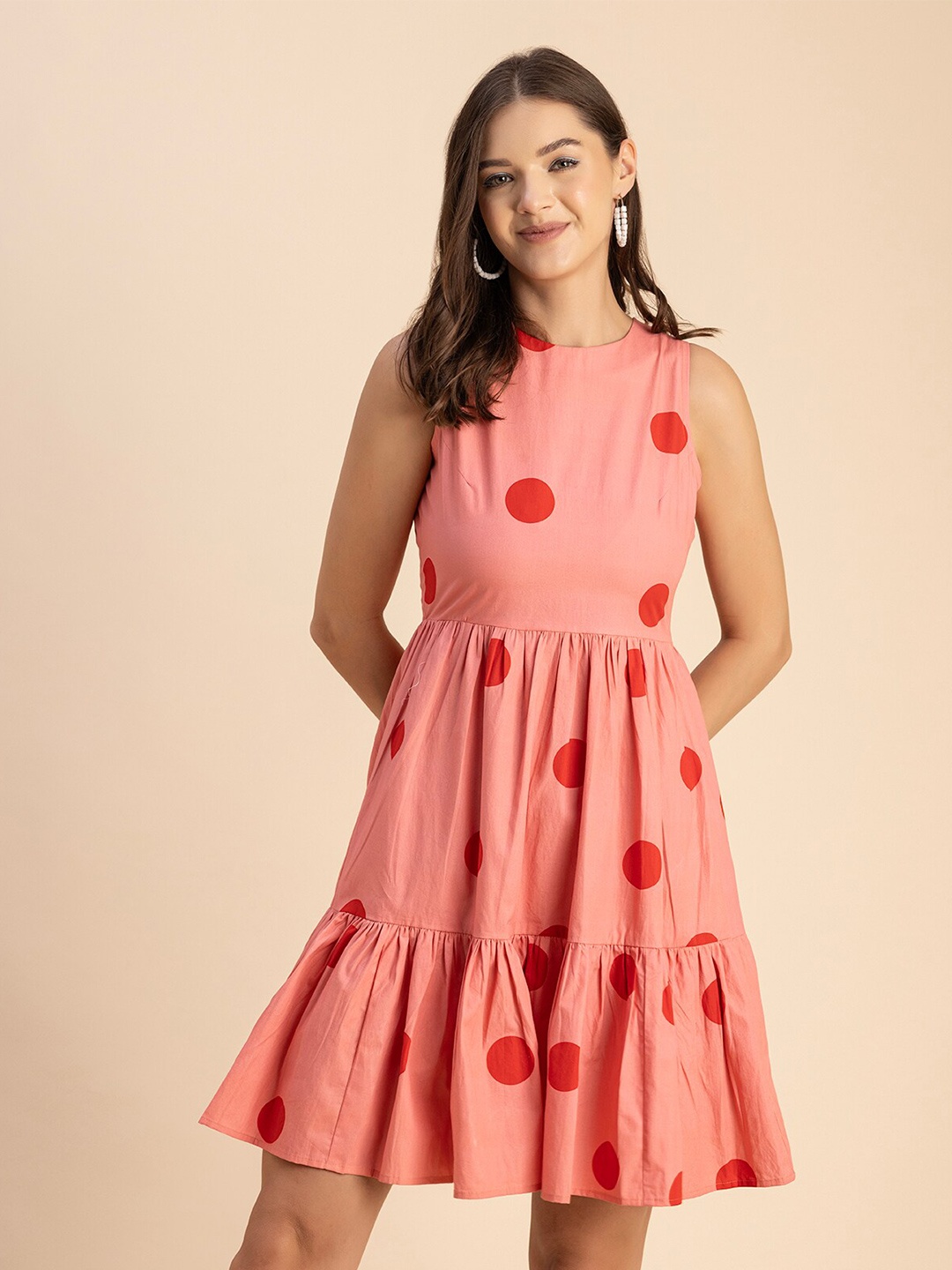 

Moomaya Sleeveless Round Neck Polka Dot Printed Cotton Fit & Flare Dress, Coral