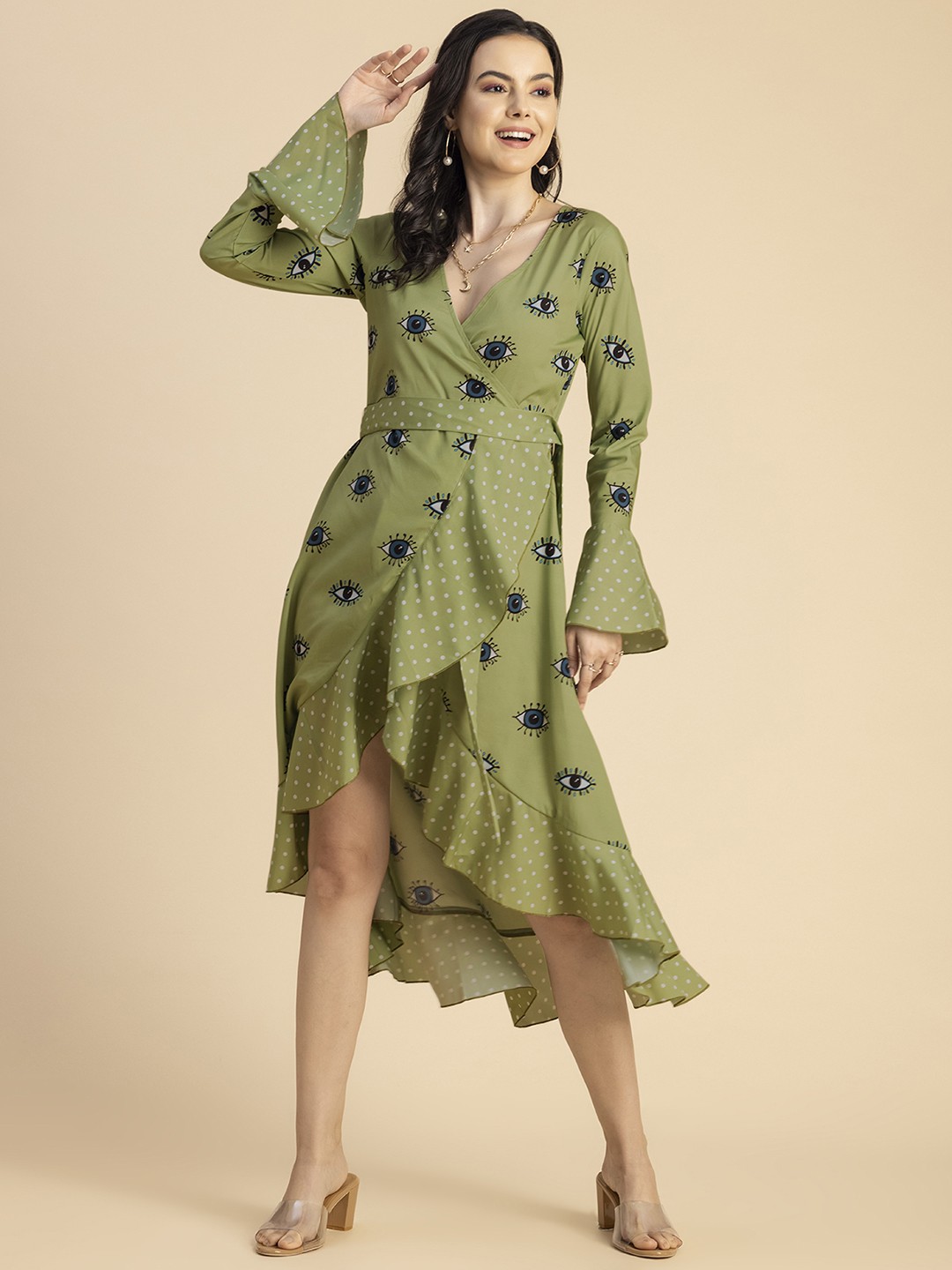 

Moomaya Polka Dot Printed V Neck Wrap Midi Dress, Green