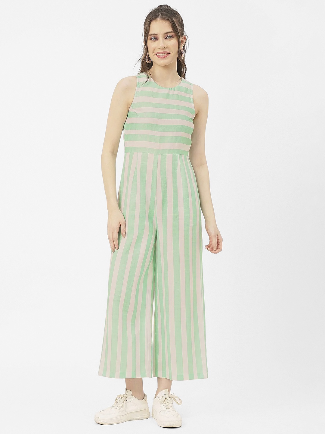 

Moomaya Striped Cotton Satin Basic Jumpsuit, Green