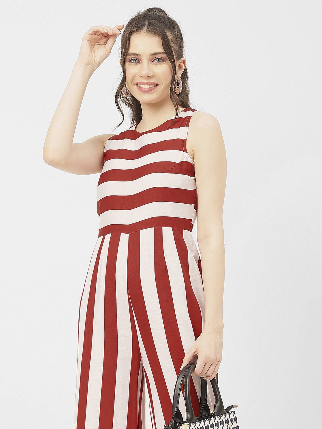 

Moomaya Striped Cotton Satin Basic Jumpsuit, Maroon
