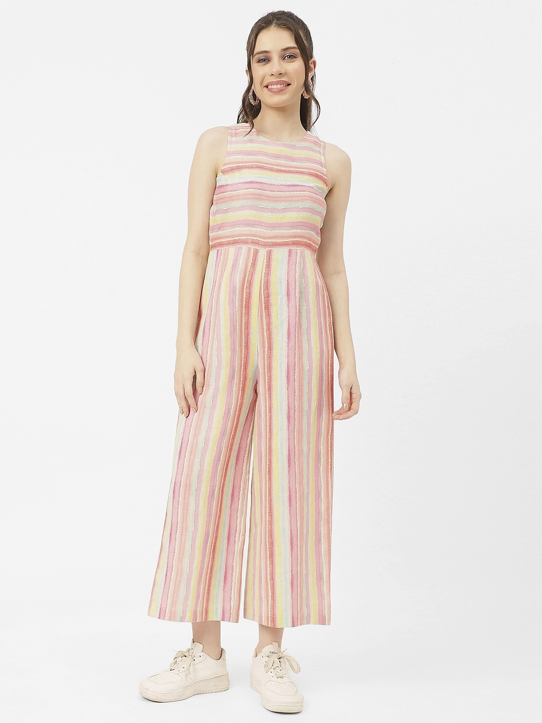

Moomaya Striped Cotton Satin Basic Jumpsuit, Peach