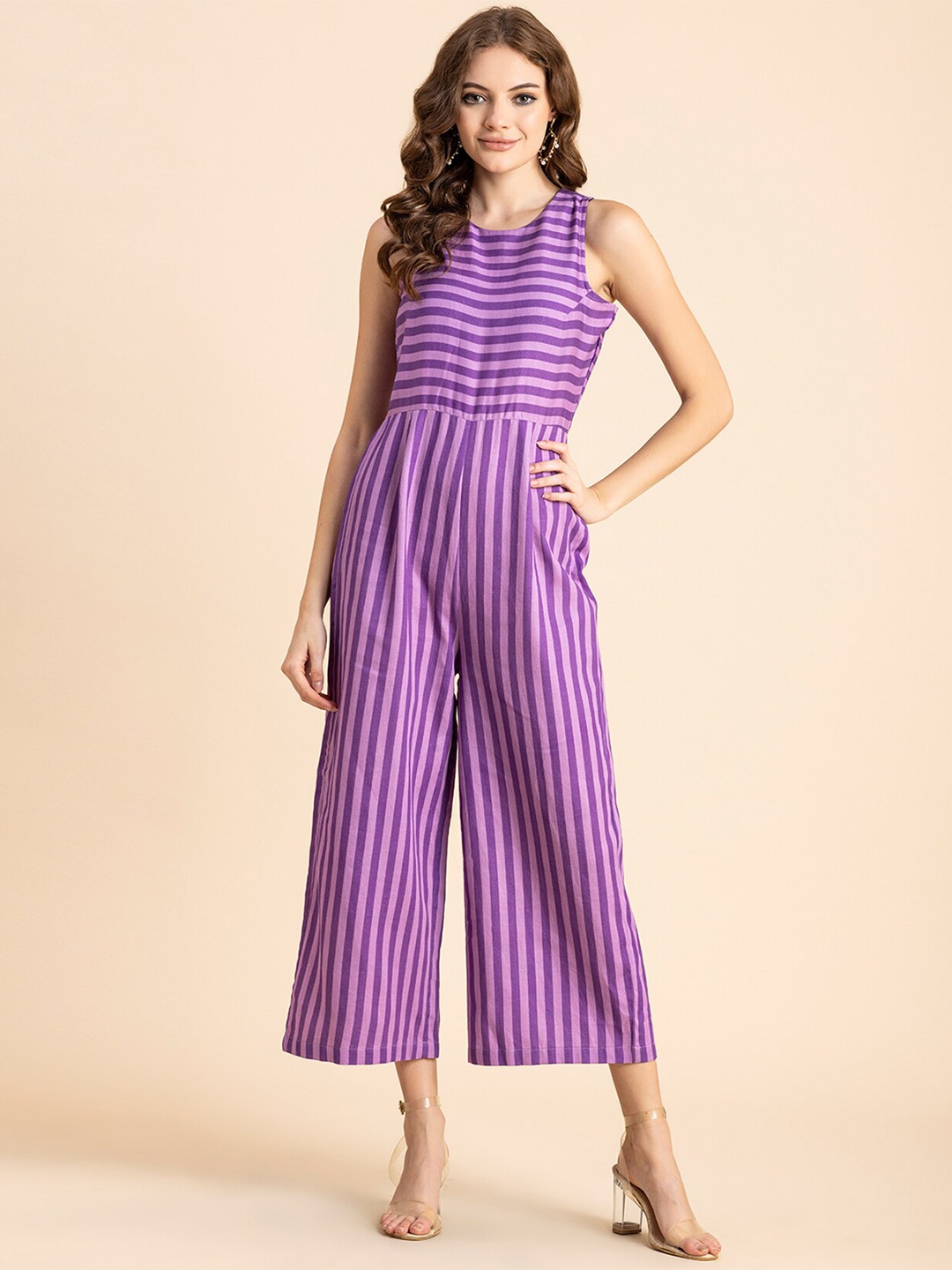 

Moomaya Striped Round Neck Sleeveless Basic Jumpsuit, Purple