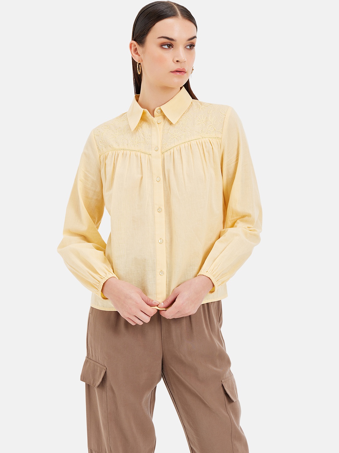 

Kazo Standard Fit Gathers Cotton Boxy Shirt, Yellow