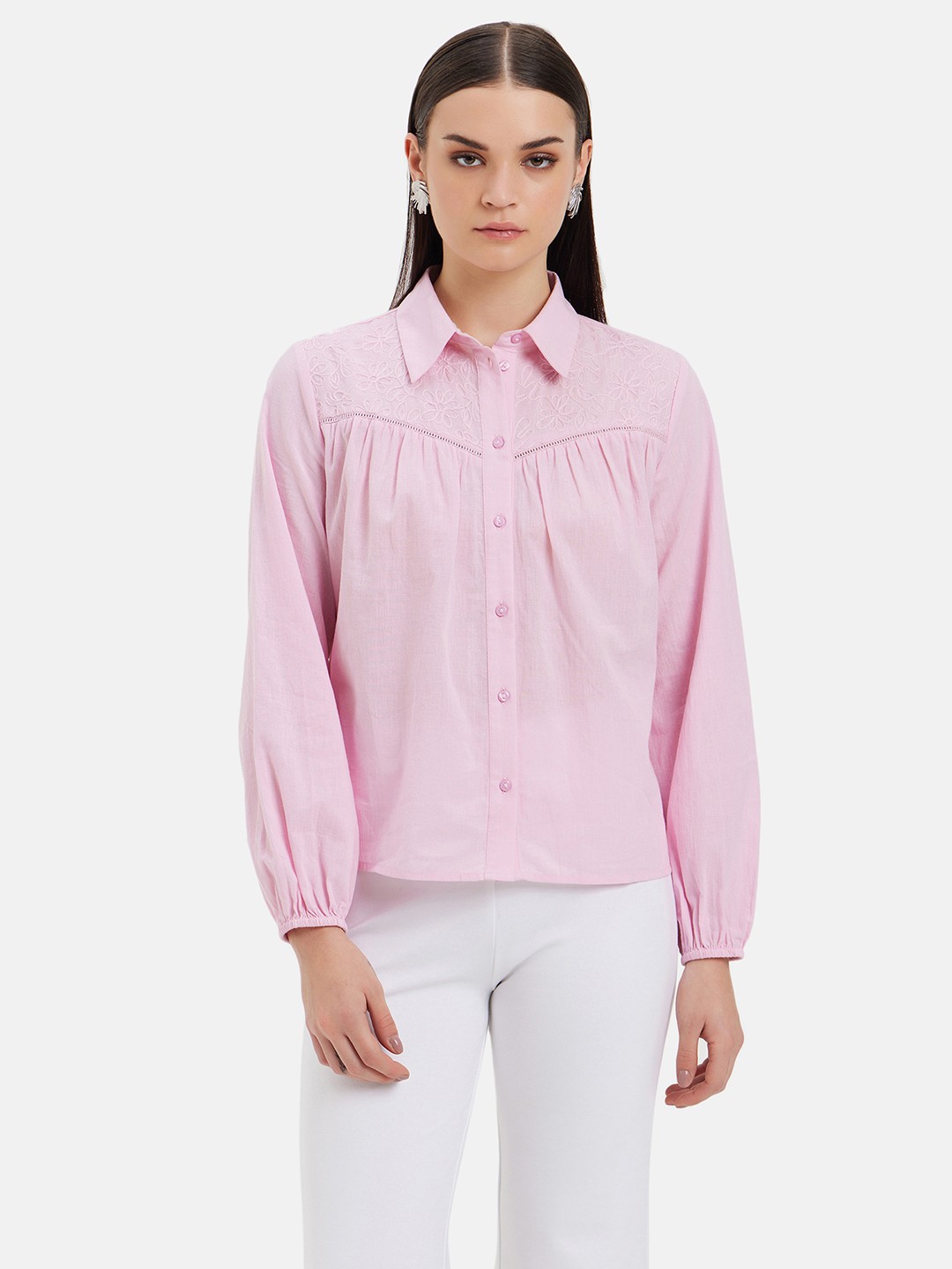 

Kazo Standard Fit Gathers Cotton Boxy Shirt, Pink