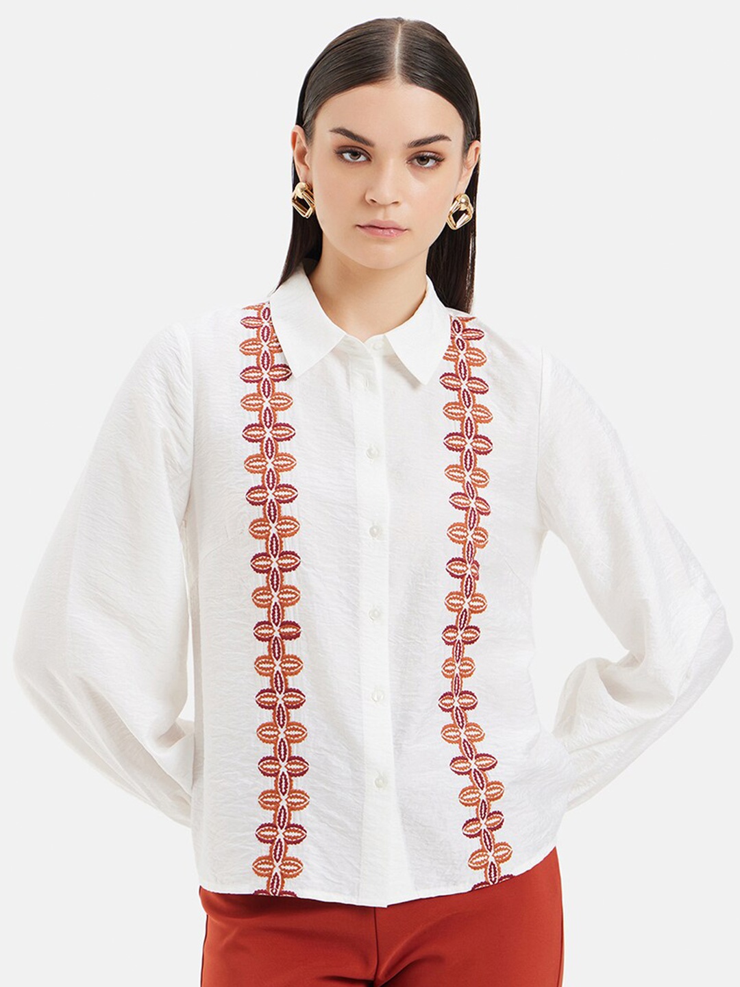 

Kazo Spread Collar Sophia Embroidered Long Balloon Sleeves Standard Opaque Casual Shirt, White