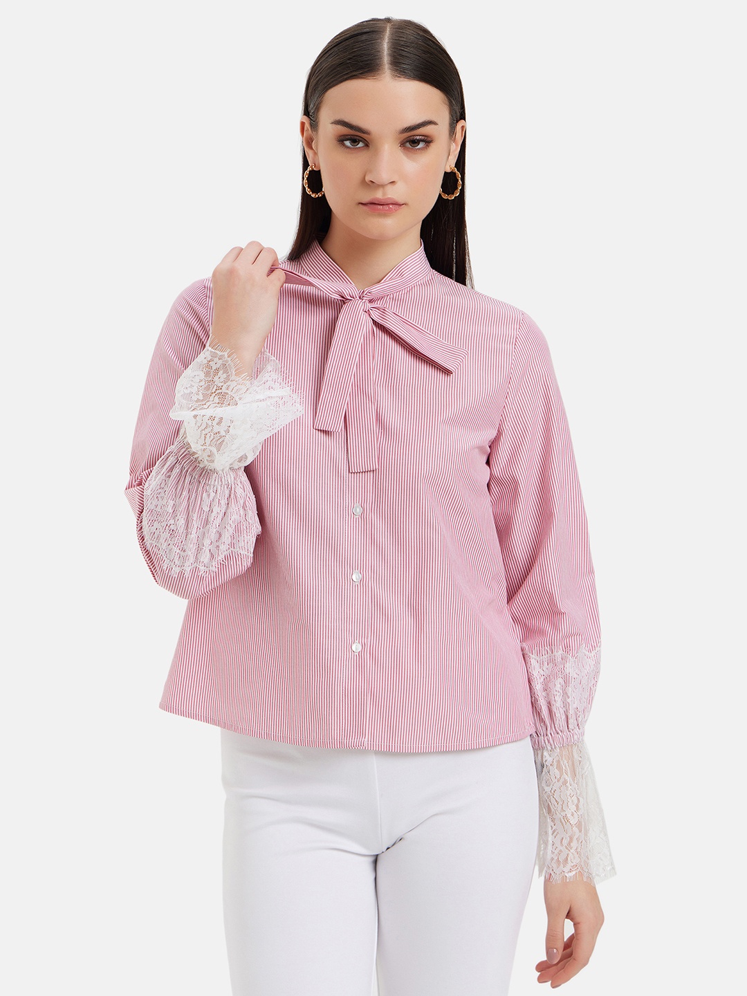 

Kazo Standard Fit Tie Ups Lace Sleeves Striped Casual Shirt, Red