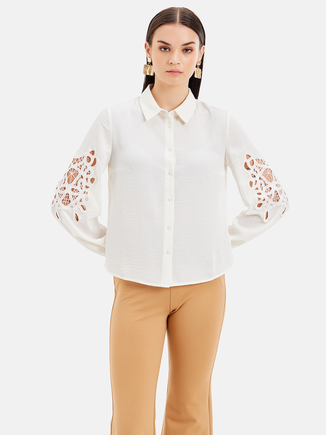 

Kazo Spread Collar Long Charlie Lace Patch Sleeves Standard Cotton Opaque Formal Shirt, White