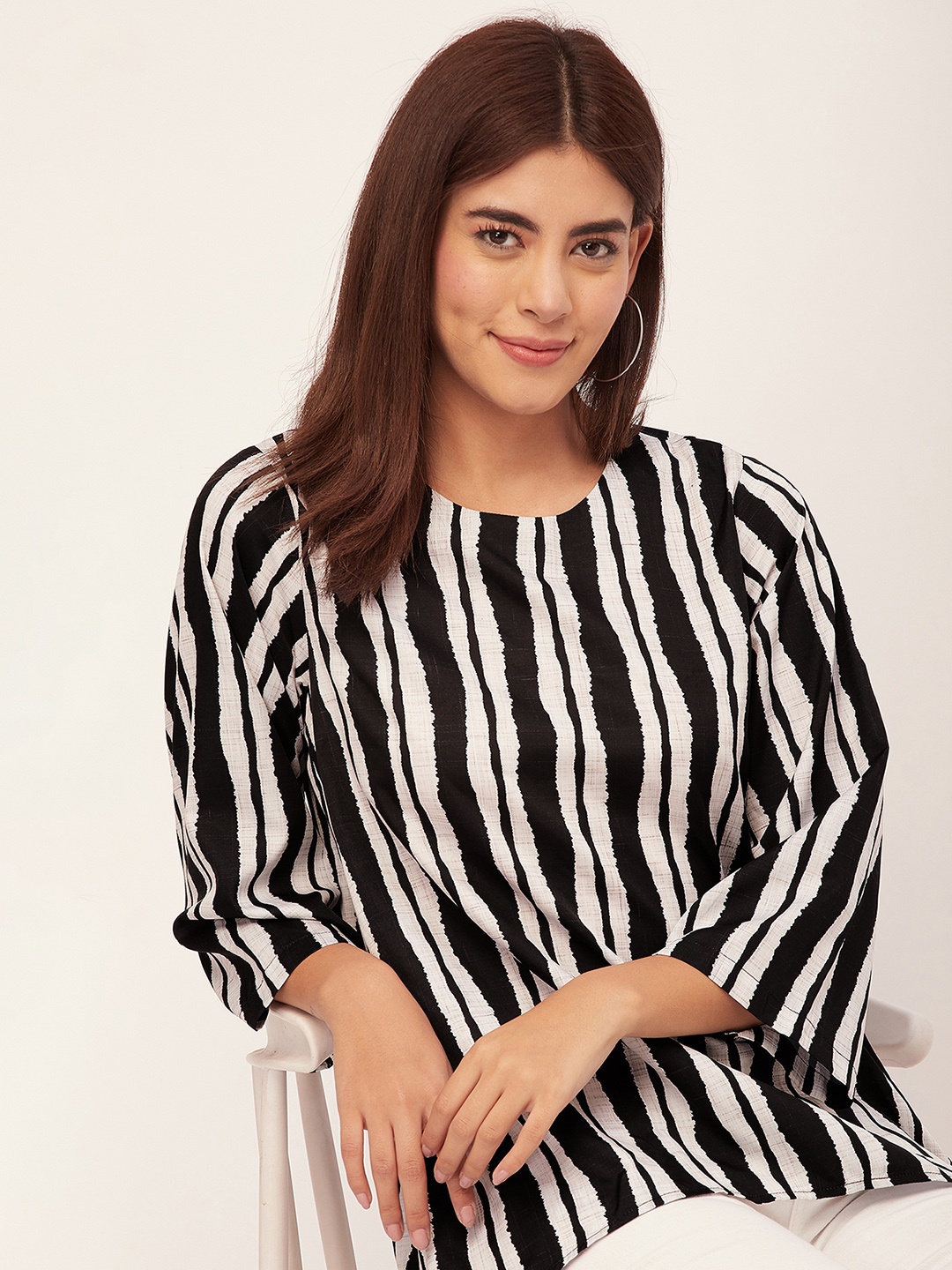 

Moomaya Striped Crepe High-Low Top, Beige