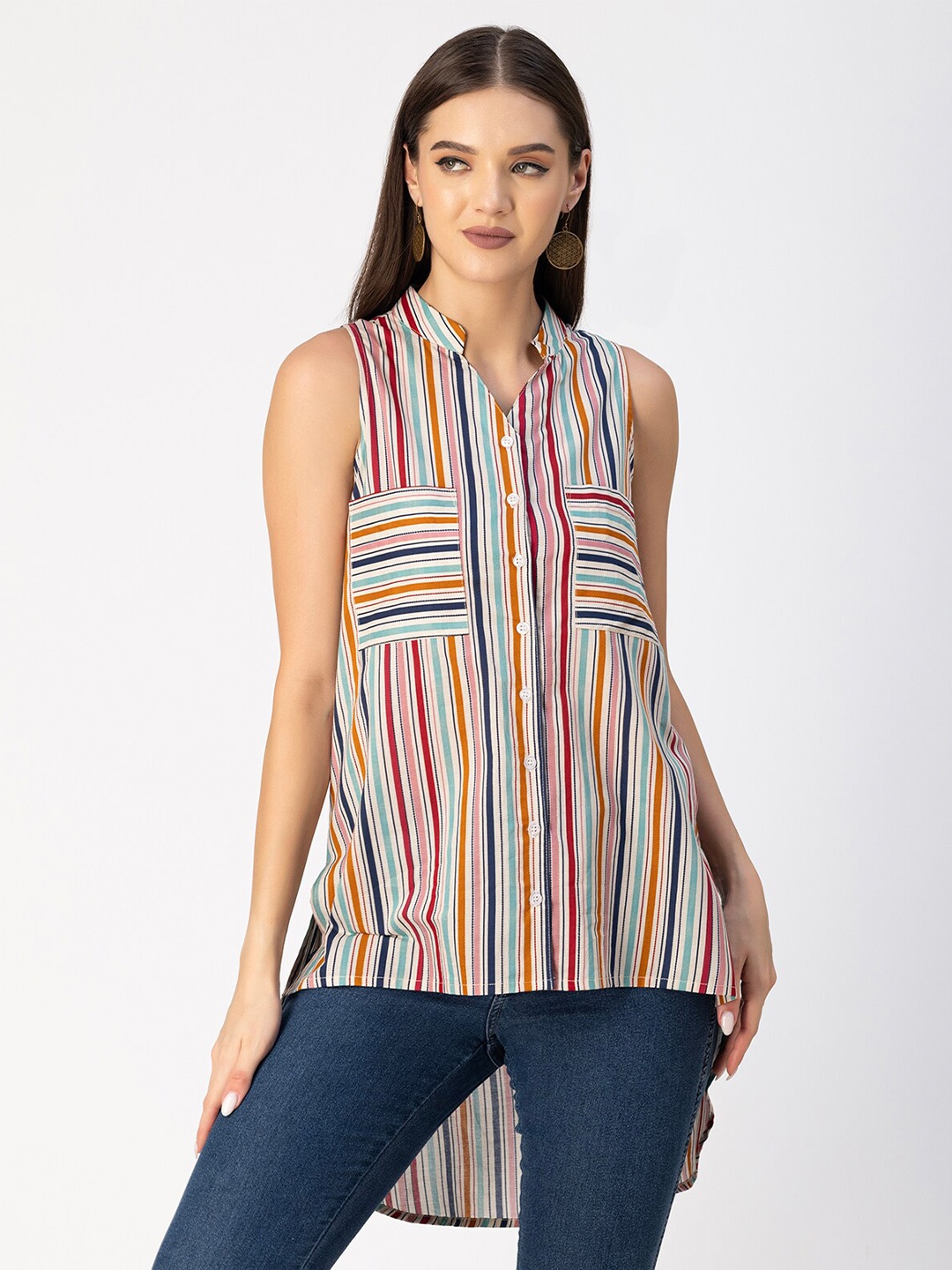 

Moomaya Vertical Stripes Cotton Shirt Style Top, White