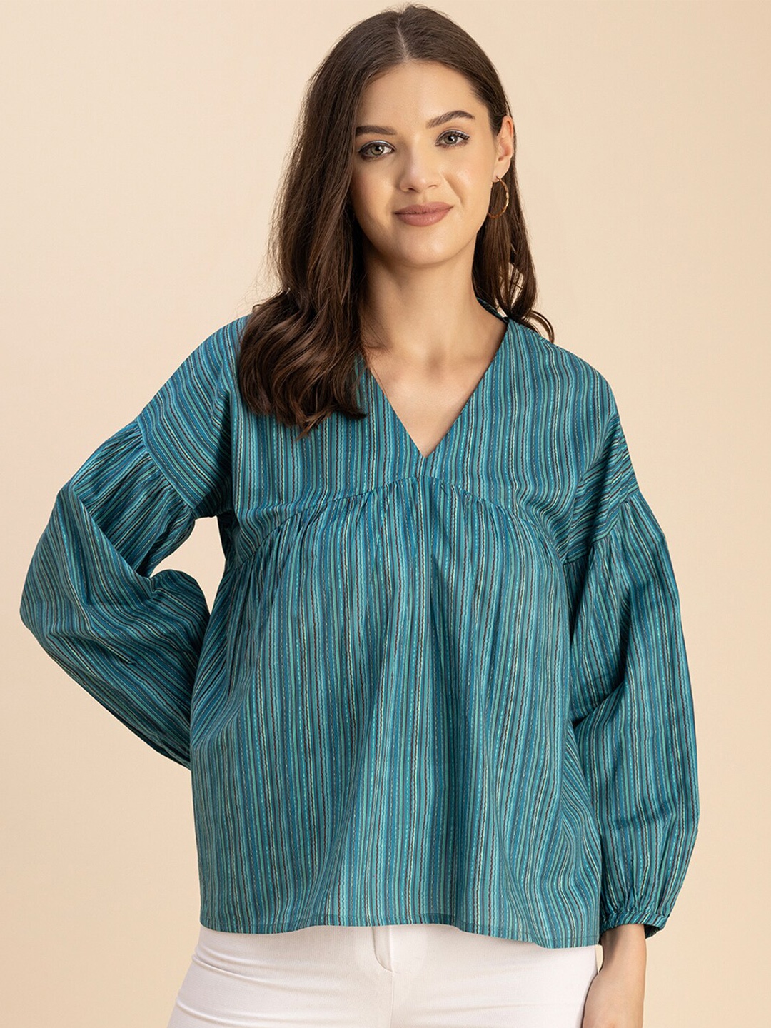 

Moomaya Striped V-Neck Puff Sleeve Cotton Top, Teal