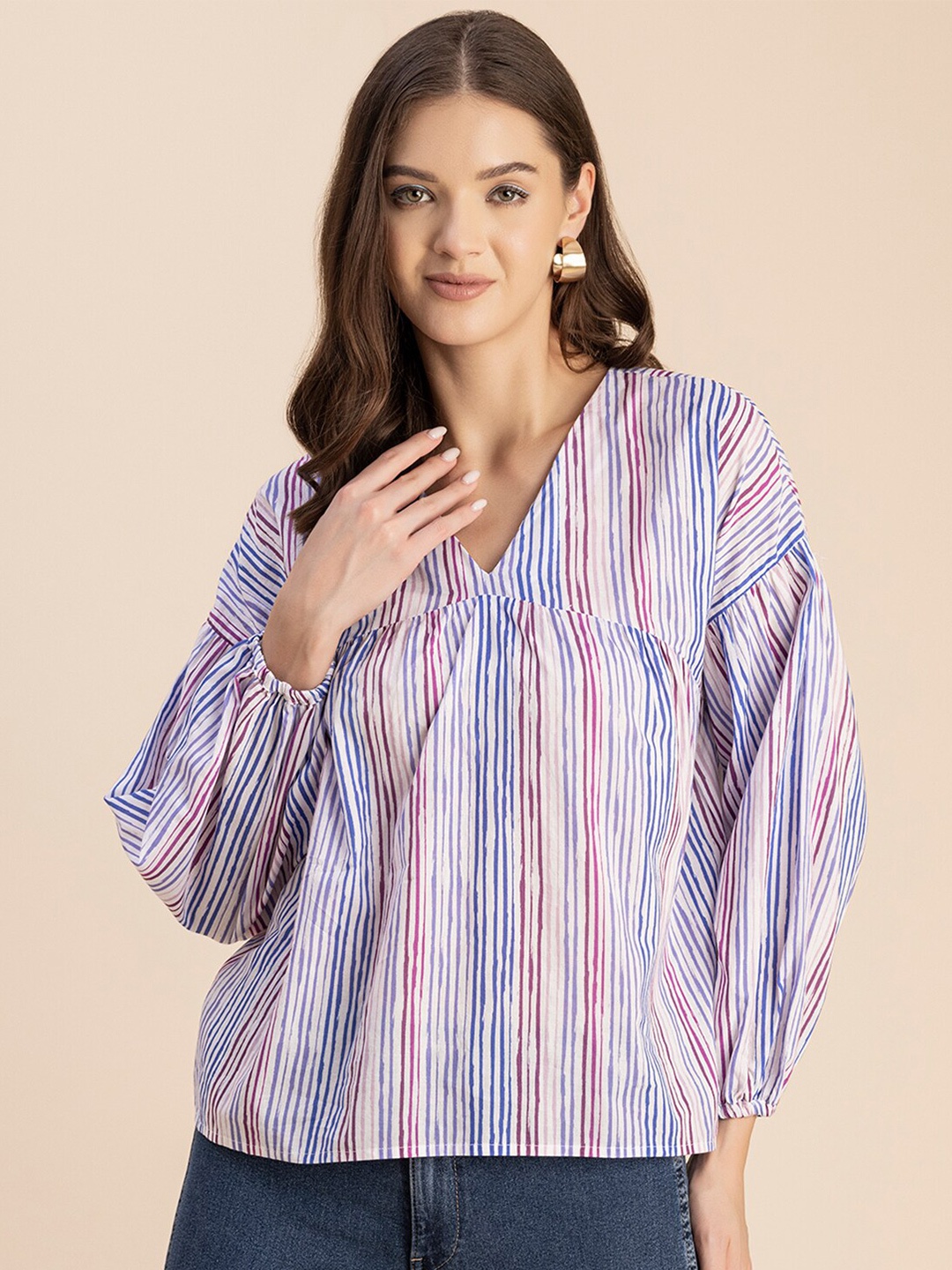 

Moomaya Striped V-Neck Puff Sleeve Cotton Top, Blue