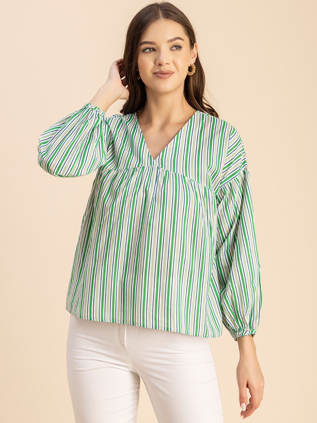 

Moomaya Striped Puff Sleeve A-Line Cotton Top, Green