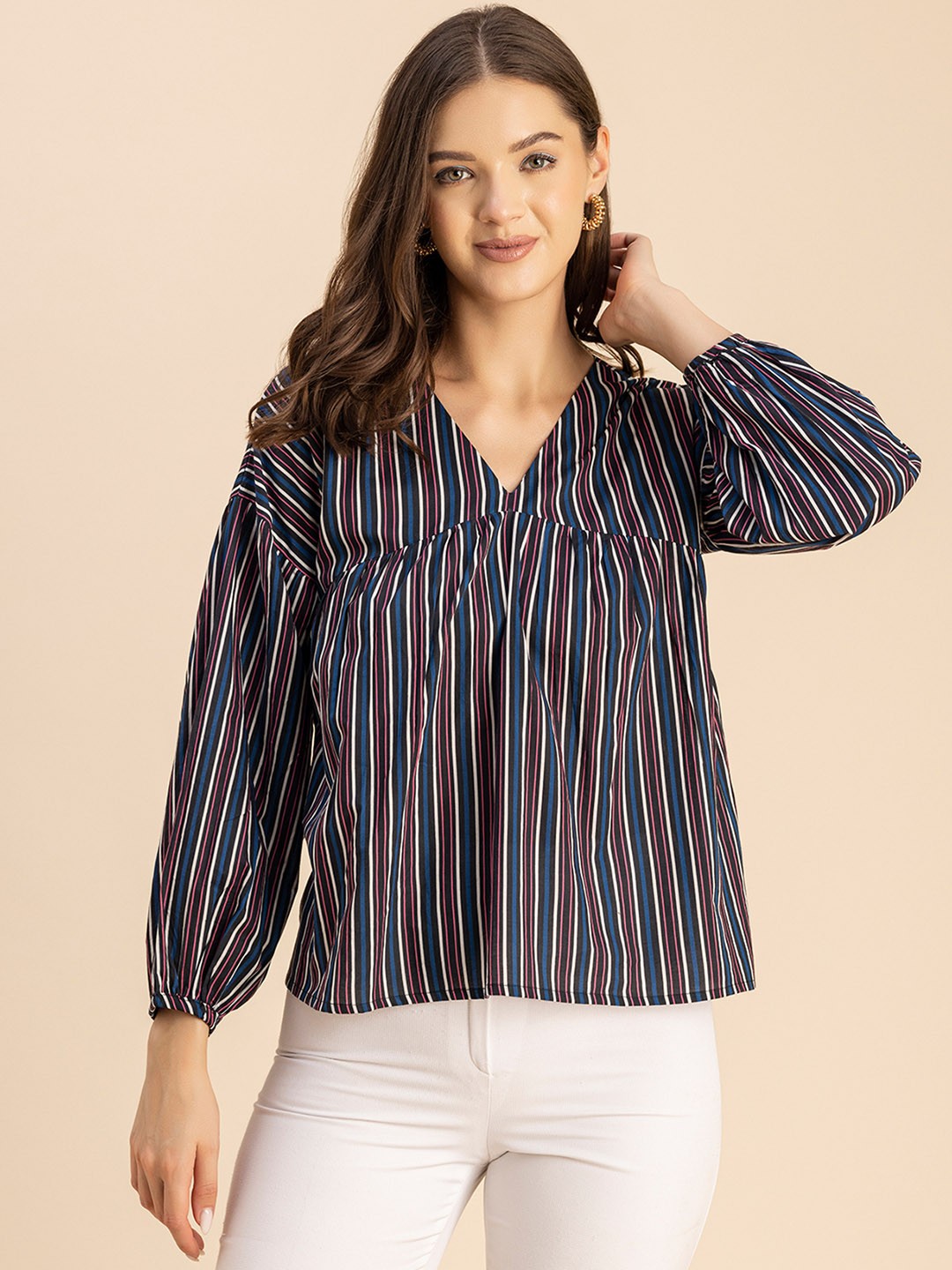

Moomaya Striped Cotton Top, Navy blue