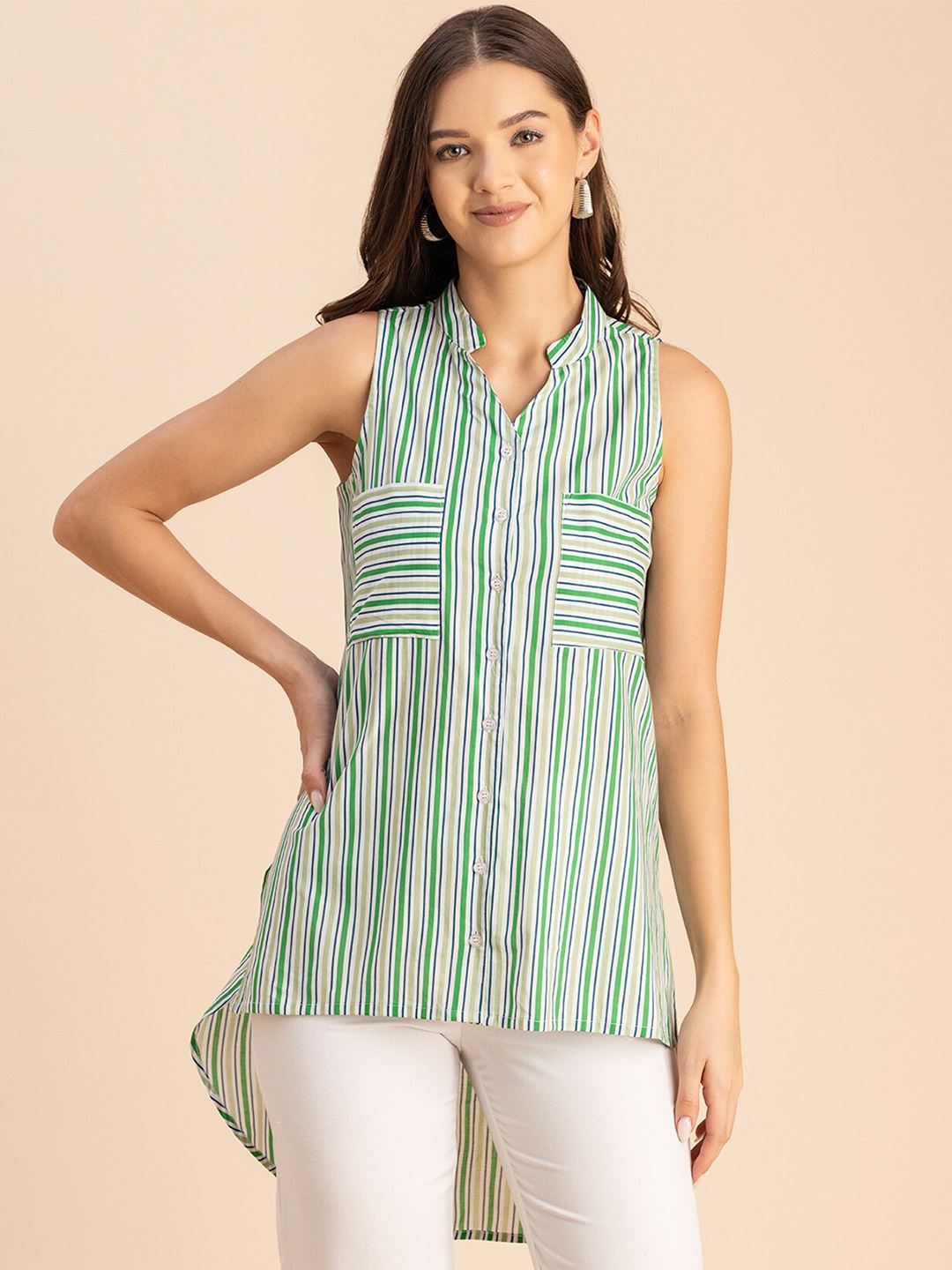 

Moomaya Striped Cotton Shirt Style Top, Green