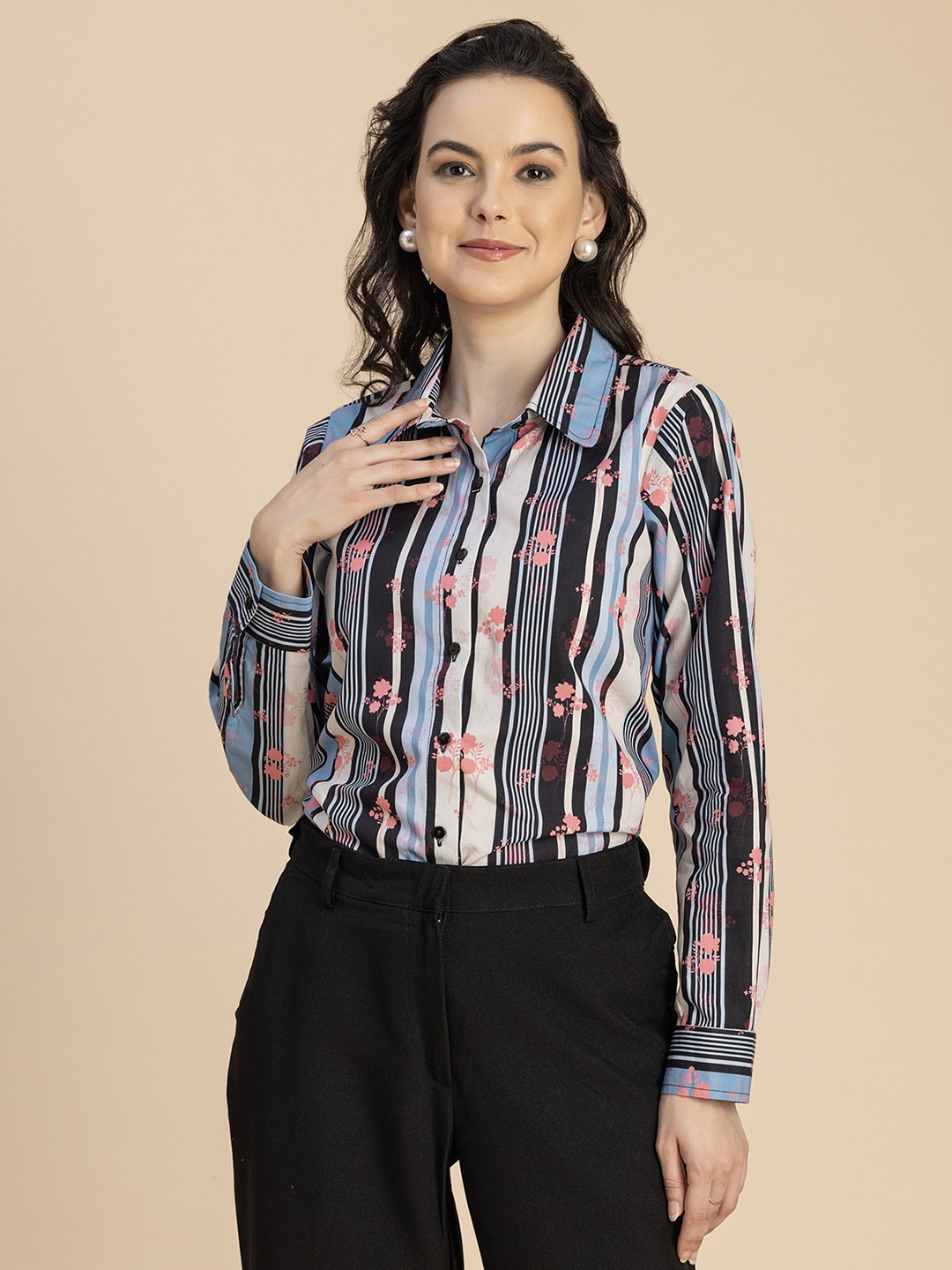 

Moomaya Striped Floral Printed Cotton Casual Shirt, Blue