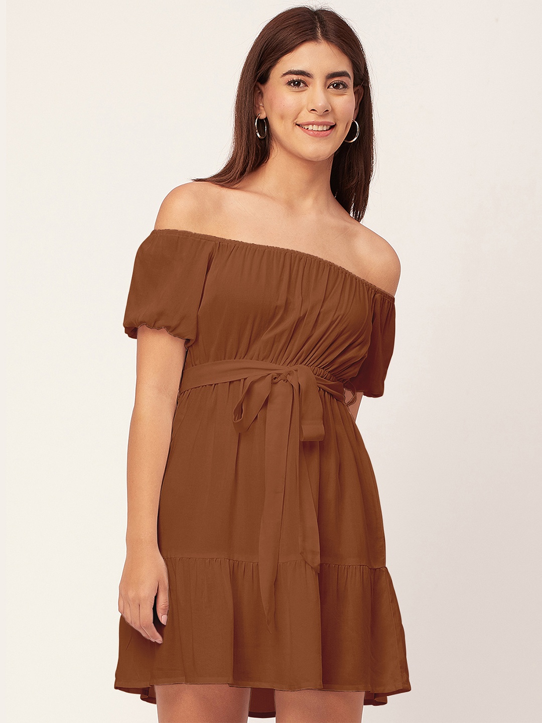 

Moomaya Off-Shoulder Gathered Fit & Flare Dress, Brown