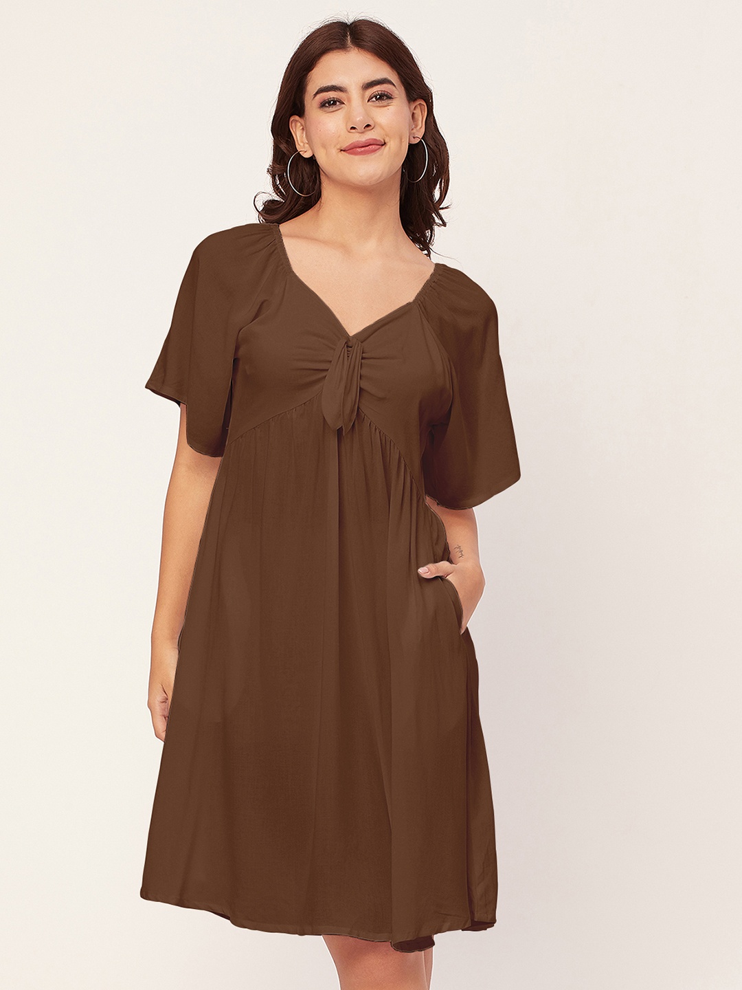 

Moomaya Sweetheart Neck Flared Sleeves Fit And Flare Dress, Brown