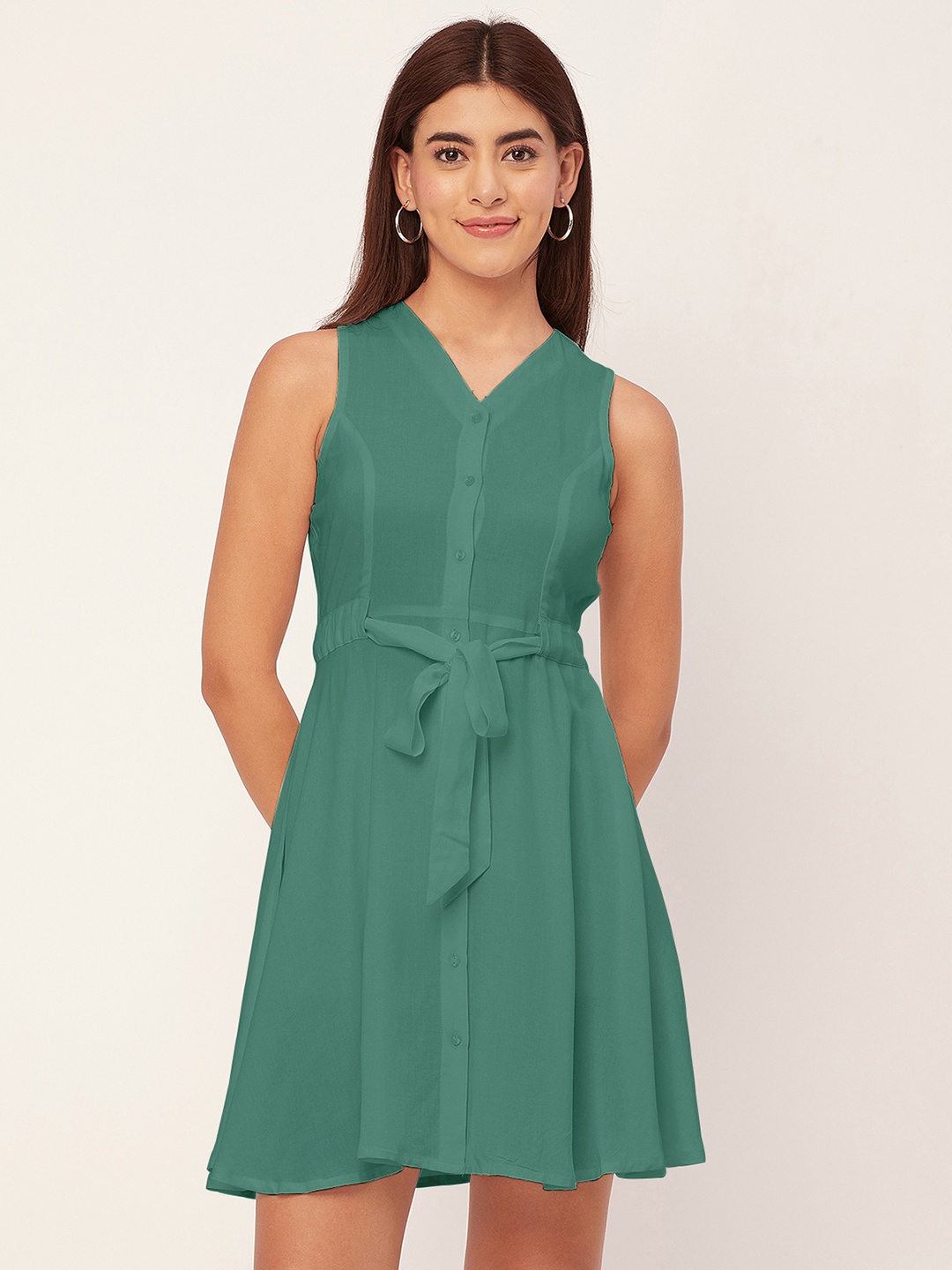 

Moomaya V Neck Sleeveless Fit And Flare Dress, Turquoise blue