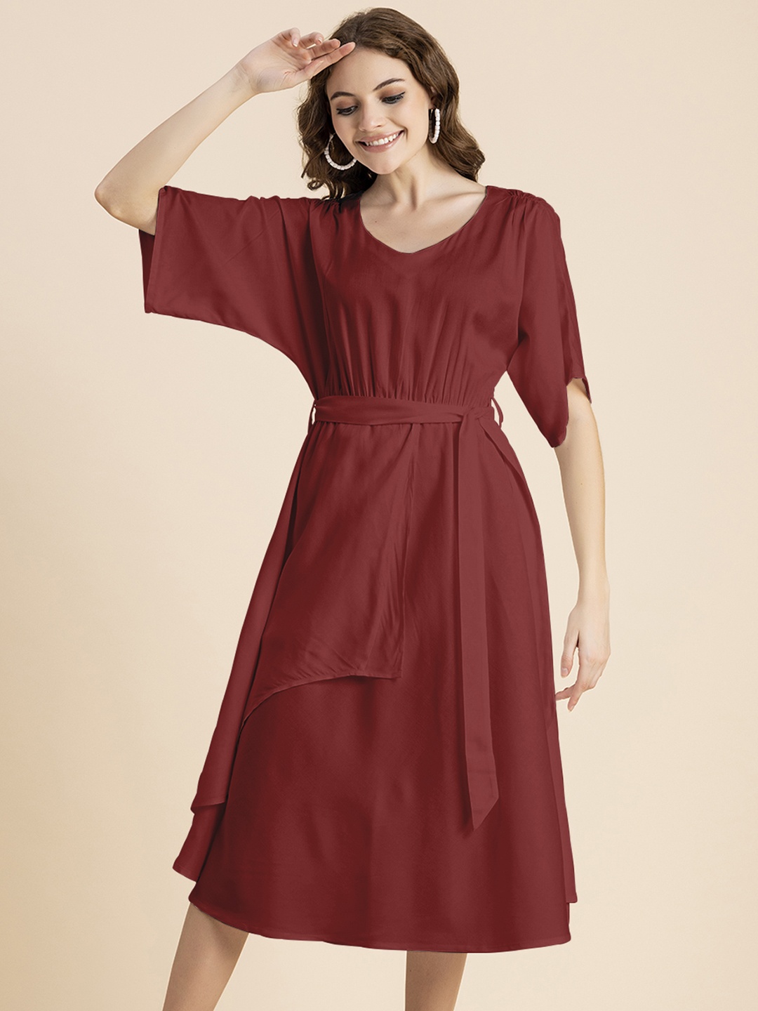 

Moomaya Red A-Line Short Sleeves Midi Dress