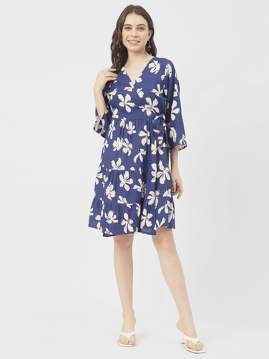 

Moomaya Floral Print Flared Sleeve Wrap Dress, Blue