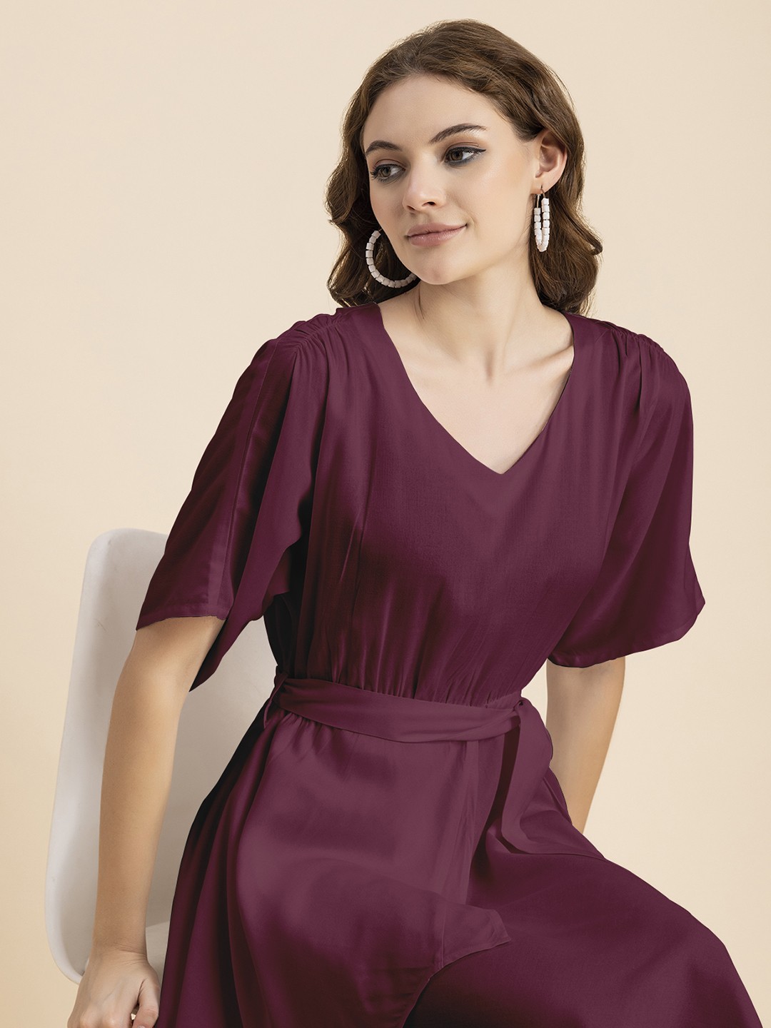 

Moomaya V-Neck Short Sleeves A-Line Midi Dress, Burgundy