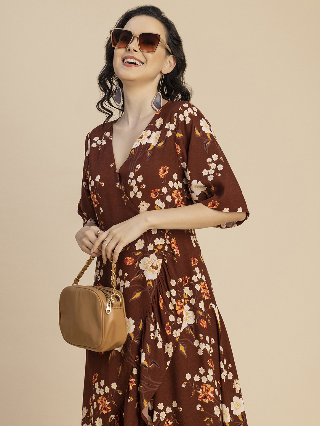 

Moomaya V-Neck Floral Printed High-Low Midi Wrap Dress, Brown