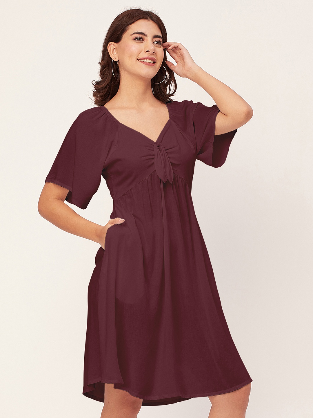 

Moomaya Burgundy V-Neck Short Sleeves Fit & Flare Dress