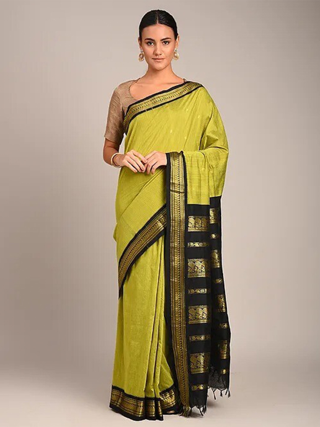 

DIVASTRI Woven Design Printed Zari Pure Silk Kanjeevaram Saree, Olive