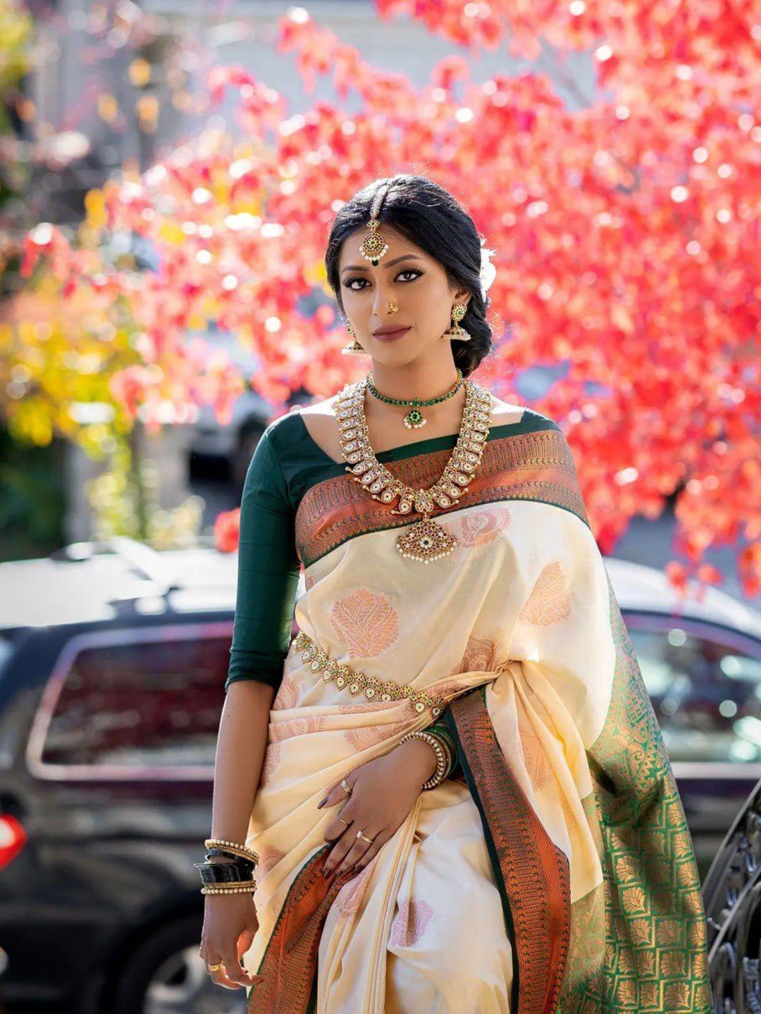 

DIVASTRI Ethnic Woven Design Zari Pure Silk Kanjeevaram Saree, White