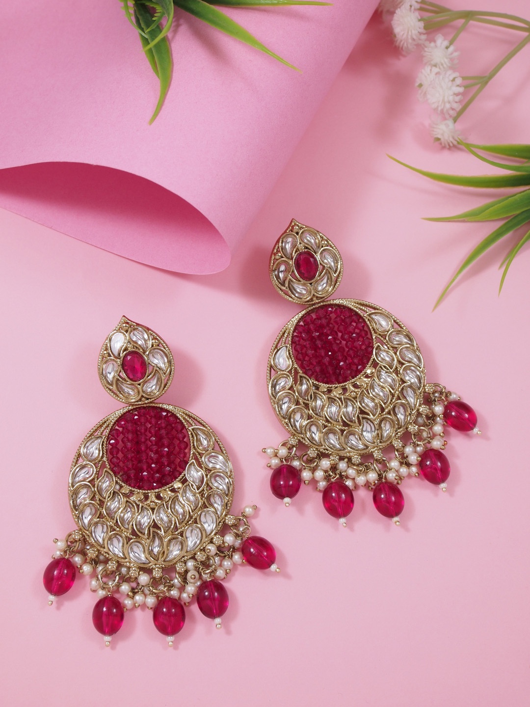 

I Jewels Gold-Plated Kundan Studded Pearl Beaded Chandbalis Earrings, Pink