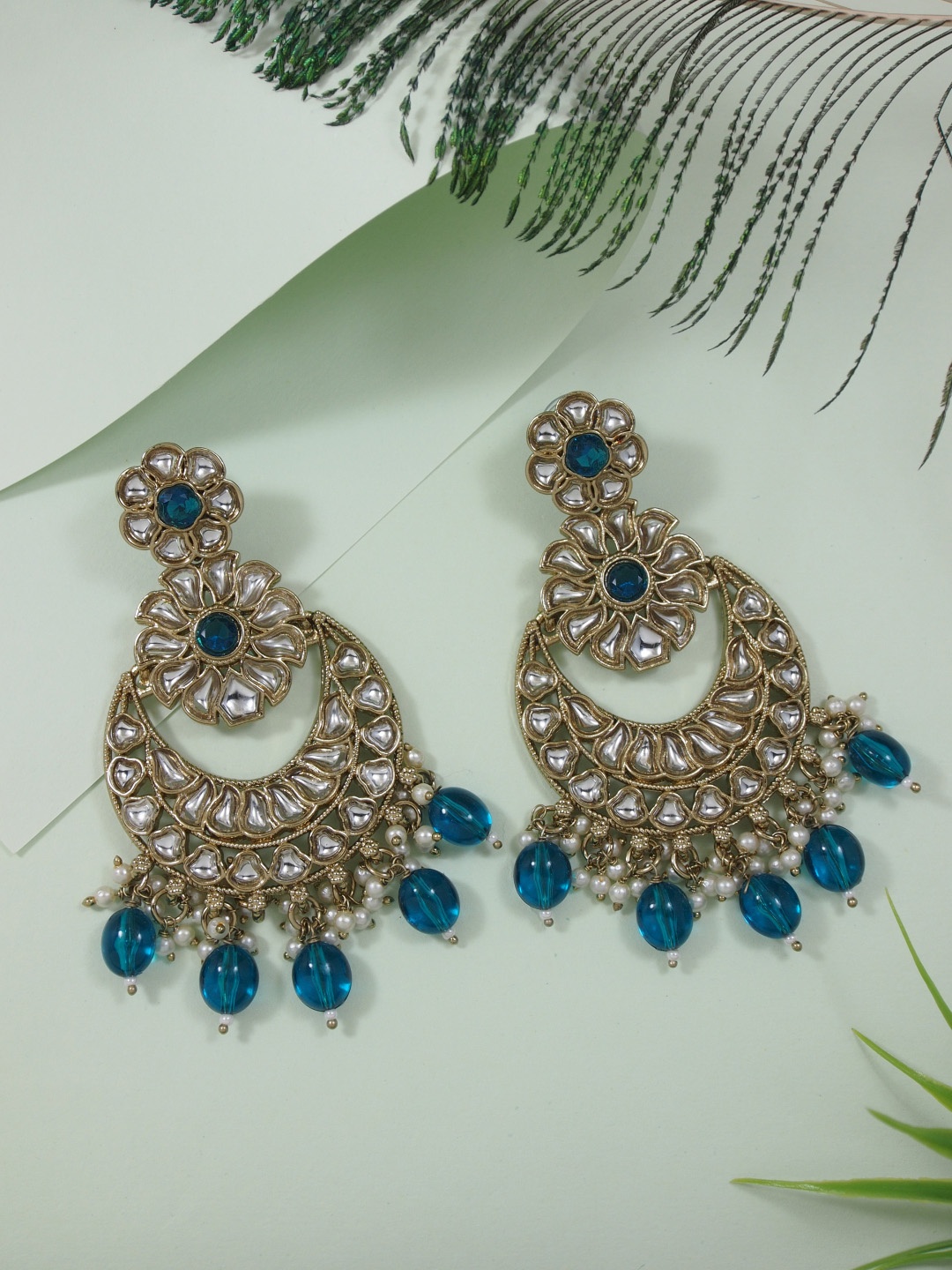 

I Jewels Gold-Plated Kundan Studded Pearl Beaded Chandbalis Earrings, Blue