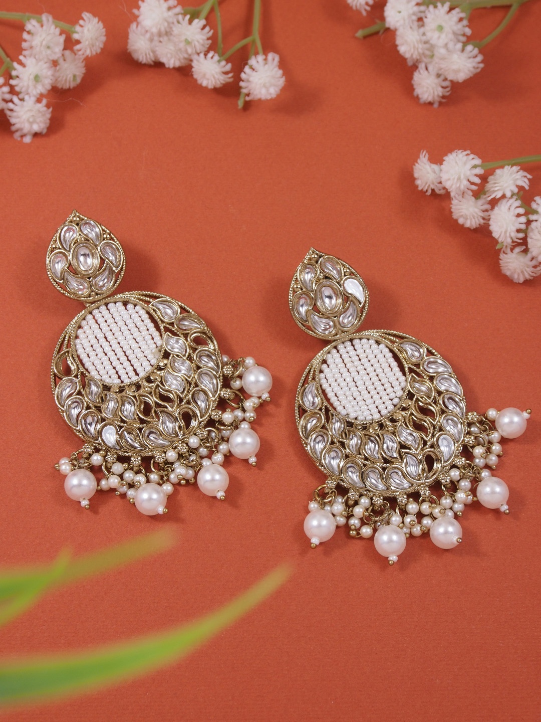 

I Jewels Gold-Plated Kundan Studded Pearl Beaded Chandbalis Earrings, White