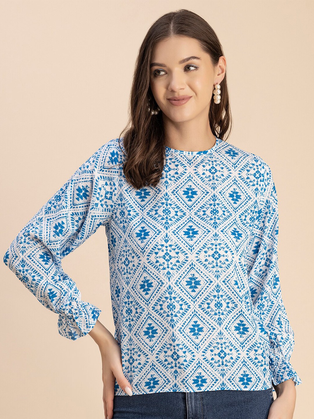 

Moomaya Geometric Printed Round Neck Georgette Top, Blue