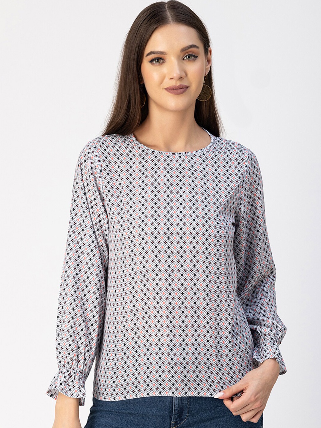 

Moomaya Geometric Printed Round Neck Georgette Top, Grey