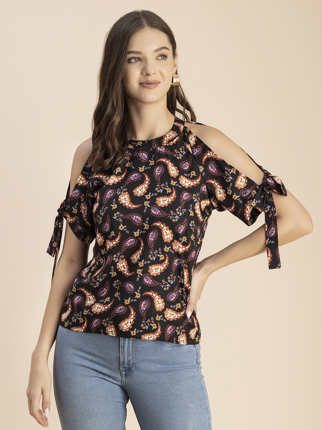 

Moomaya Ethnic Motifs Printed Cold-Shoulder Crepe Top, Black