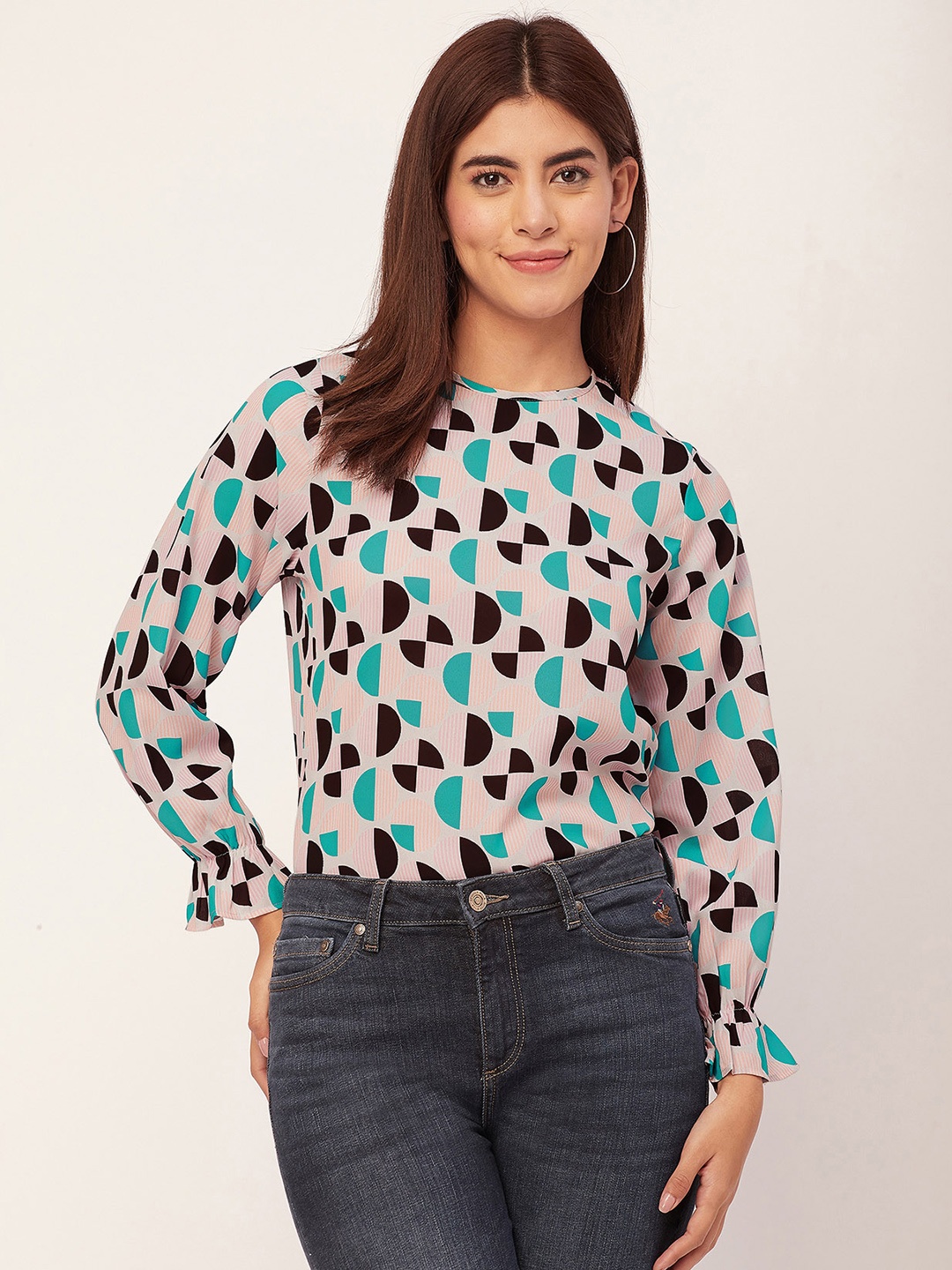

Moomaya Geometric Printed Puff Sleeves Top, Pink