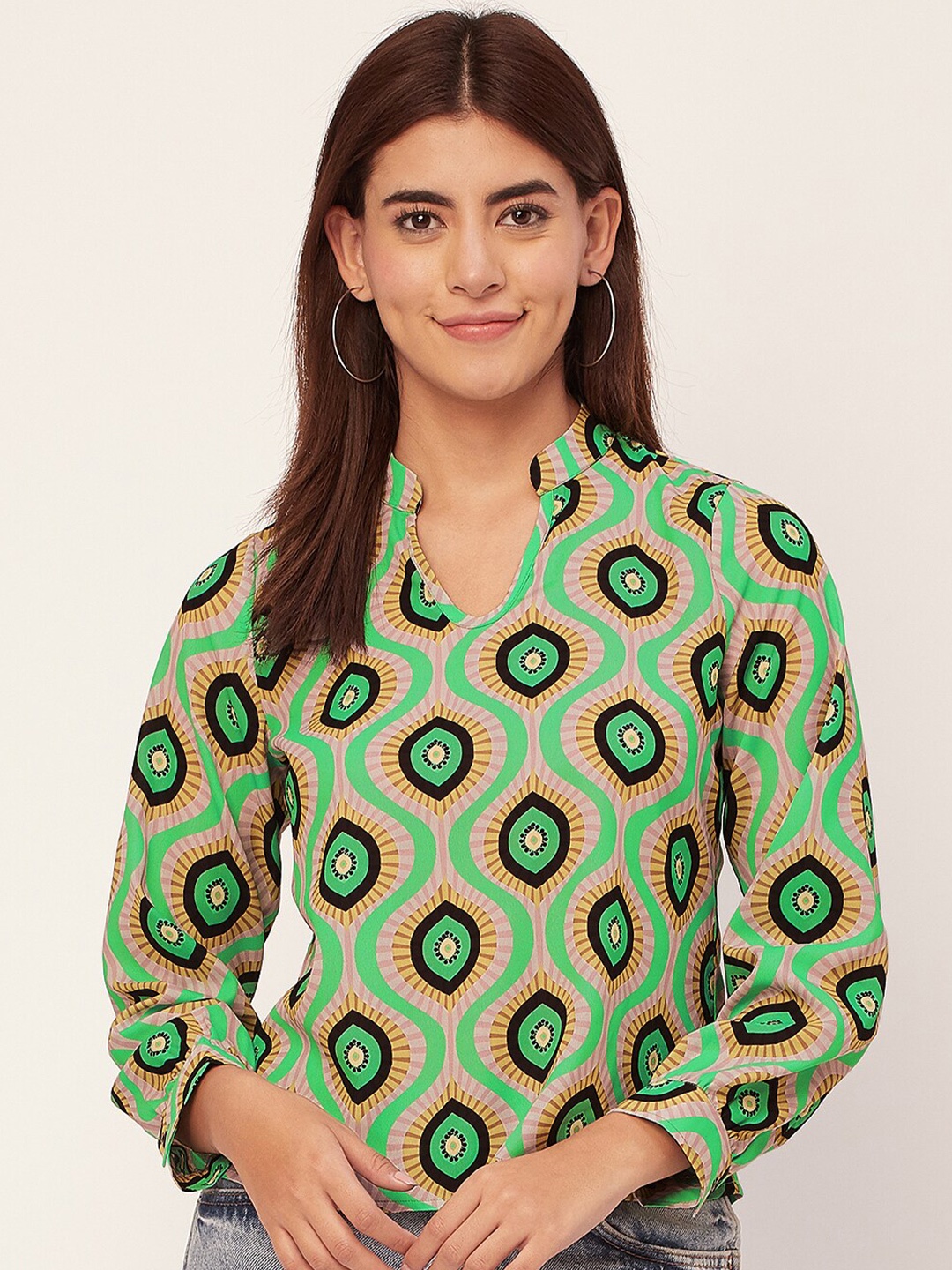 

Moomaya Geometric Printed Mandarin Collar Cuffed Sleeves Top, Green