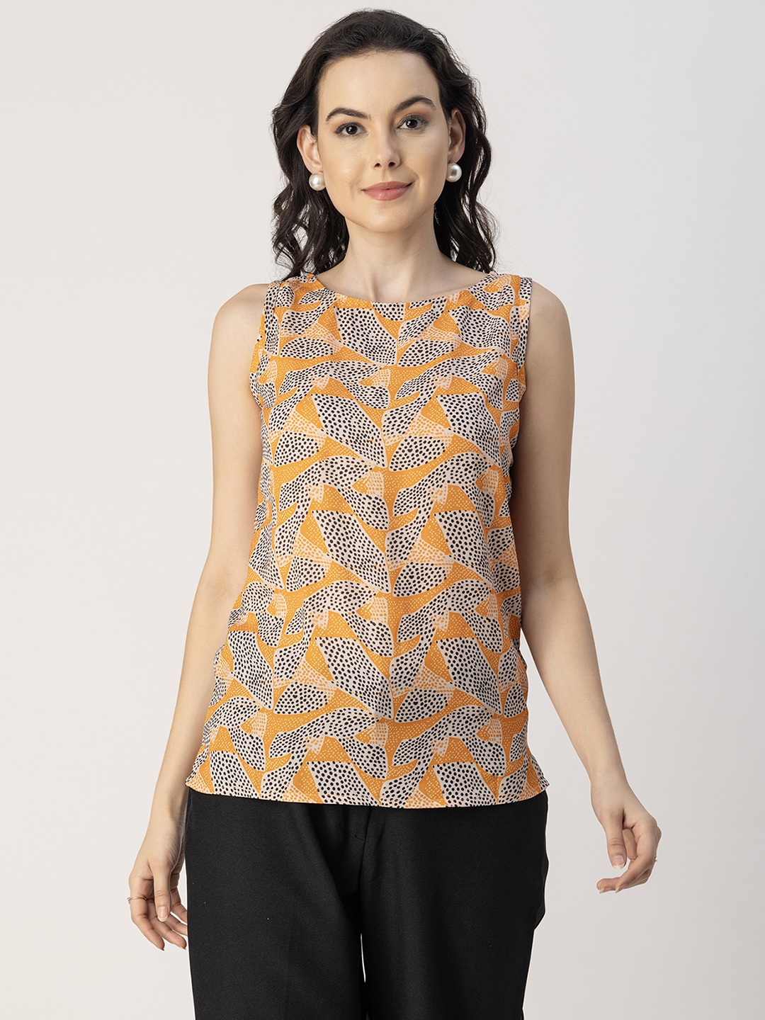 

Moomaya Abstract Printed Boat Neck A-line Georgette Top, Mustard