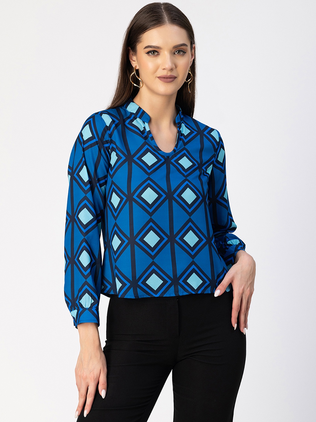 

Moomaya Geometric Printed Mandarin Collar Top, Navy blue