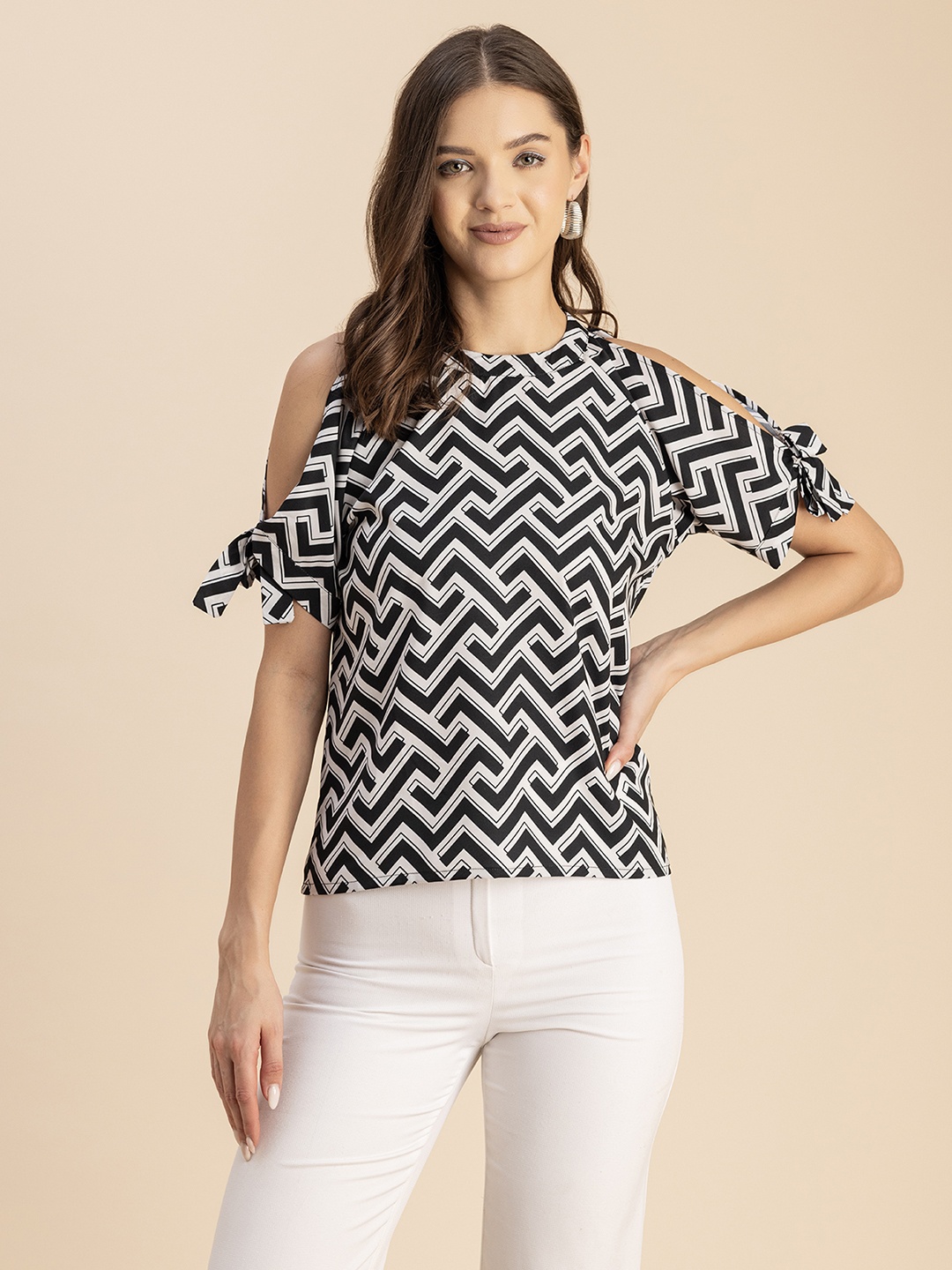 

Moomaya Geometric Printed Cold-Shoulder Top, White