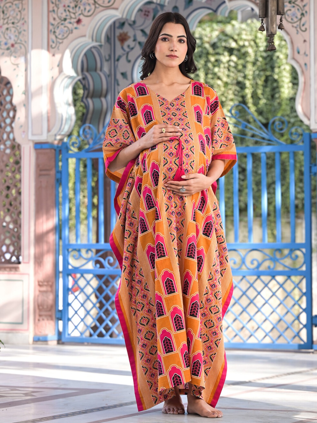 

Aujjessa Ethnic Motifs Printed V-Neck Maternity Cotton Maxi Kaftan, Rust