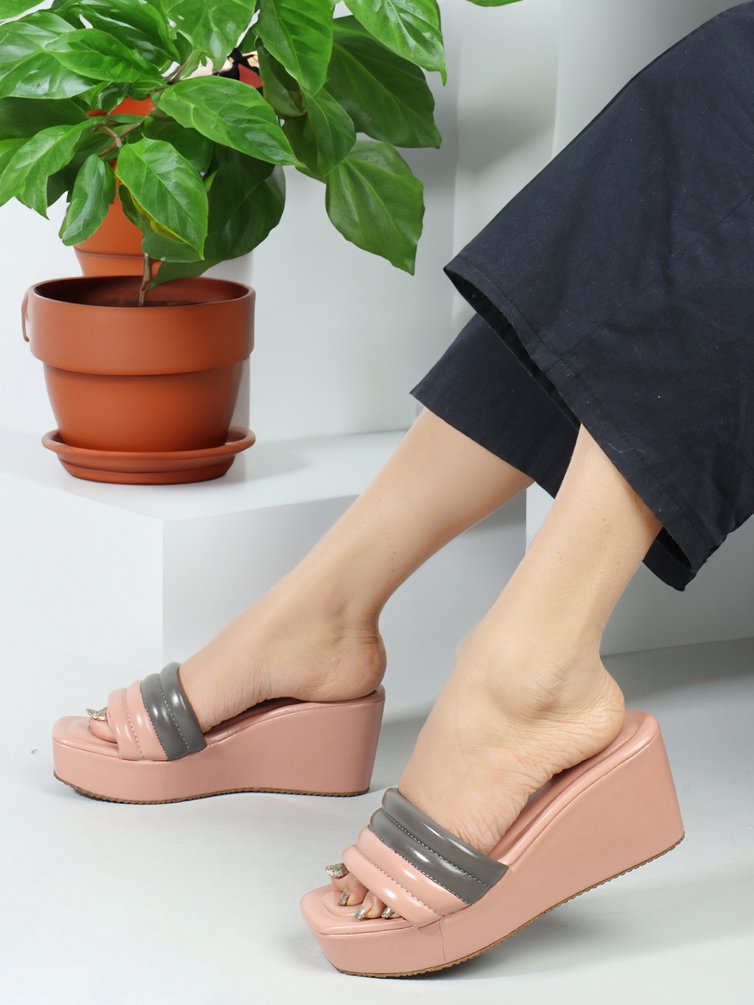 

ICONICS Colourblocked Open Toe Platform Heels, Peach