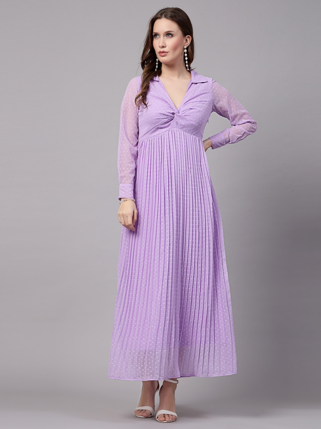 

aayu Pleated Shirt Collar Georgette Maxi Dress, Lavender