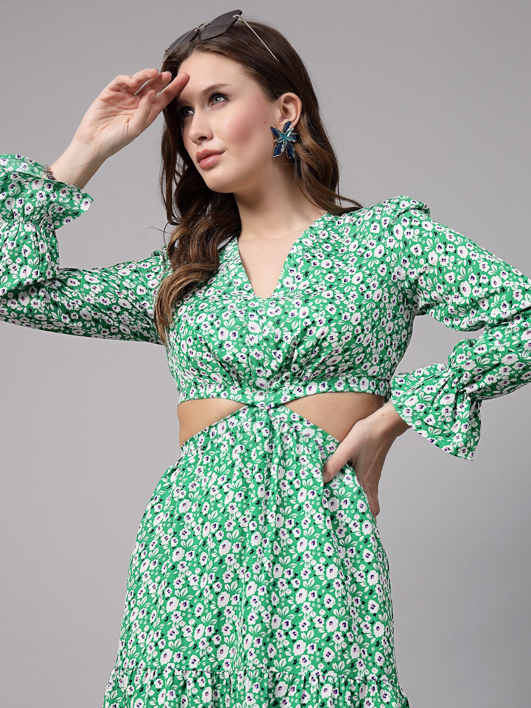 

aayu Floral Printed V-Neck Bell Sleeve Georgette Maxi Dress, Green