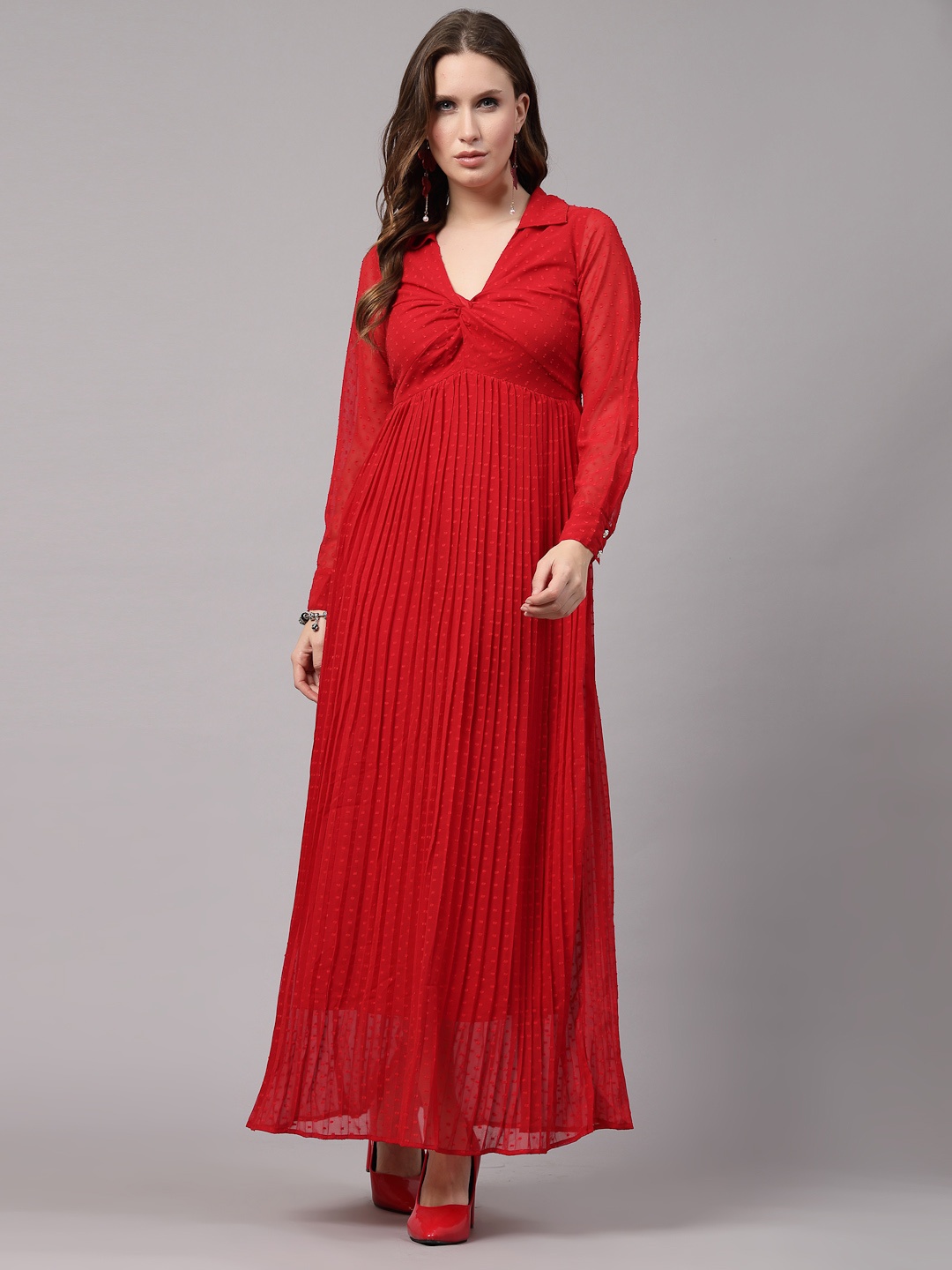 

aayu Shirt Collar Pleated Georgette Maxi Dress, Red